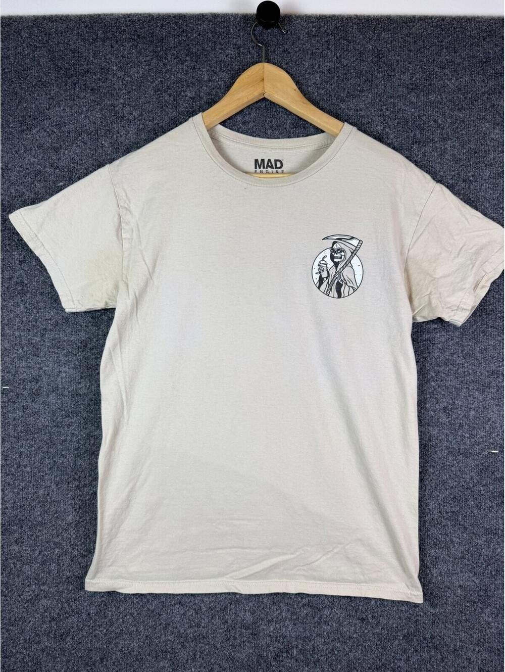 Mad Engine Mens M T Shirt Chill Vibes Grim Reaper Iced Coffee Tan Graphic Tee